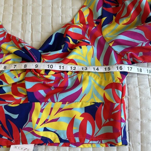 NEW Twist Knot Multicolor Leaf Print Sweethear Neckline Puff SleeveCrop Top Sz L - Picture 10 of 11